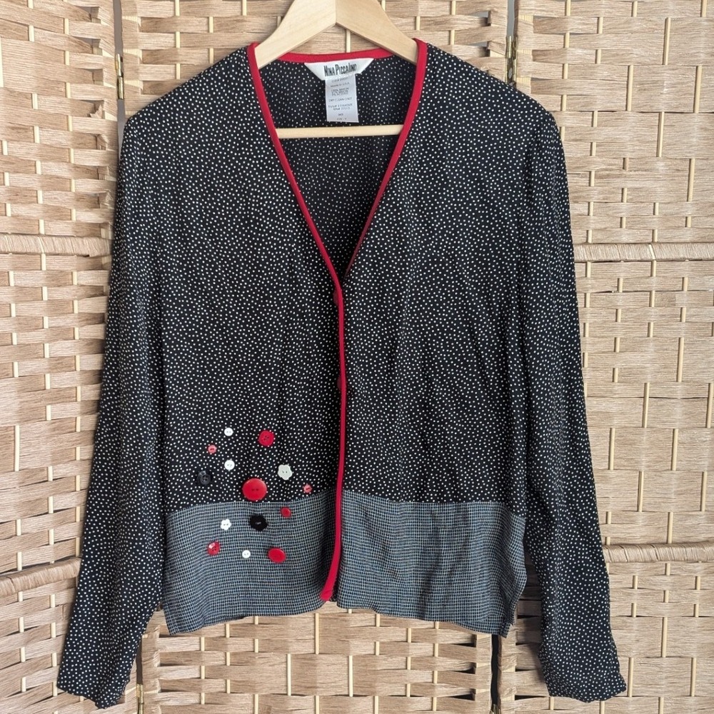 VTG 90's Polka Dot Mixed Print Button Up Blouse Top Art Teacher Black White Red - Picture 1 of 7
